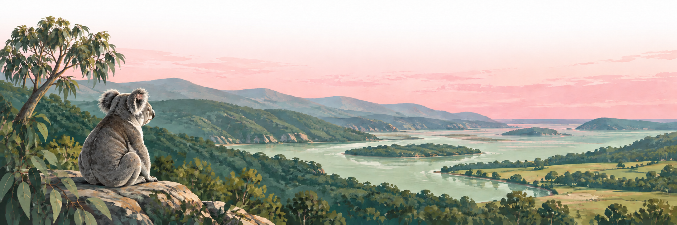 A koala overlooking green hills and a winding estuary beneath a soft pink sky.